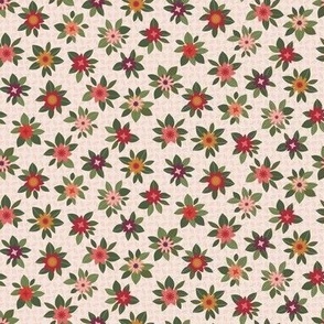 349 - Multicoloured Floral non directional in warm oranges, mustards and mauves -100 Patterns Project: small scale for crafts, quilting, bed linen, table cloths and kids apparel