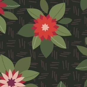 349 - Multi Floral on Dark Green background with texture non directional in warm oranges, mustards and mauves - 100 Patterns Project: jumbo scale for wallpaper, bed linen, table cloths and kids apparel