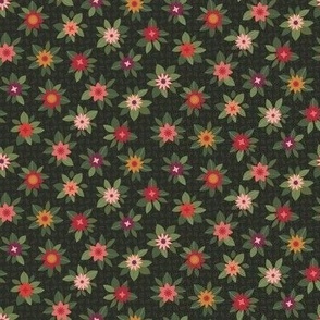 349 - Multi Floral on Dark Green background with texture non directional in warm oranges, mustards and mauves - 100 Patterns Project: small scale for holiday crafts, patchwork, quilting, bed linen, table cloths and kids apparel