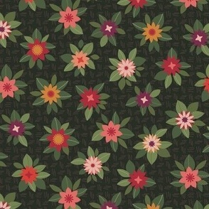 349 - Multi Floral on Dark Green background with texture non directional in warm oranges, mustards and mauves - 100 Patterns Project: medium scale for wallpaper, bed linen, table cloths and kids apparel