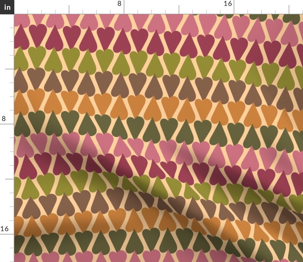 350 - Multicolored Hearts in mustard, chartreuse green, lavender, burgundy and chocolate brown  - 100 Pattern Project: jumbo scale for wallpaper, warming home decor, loving soft furnishings, childrens apparel and boho wedding linen