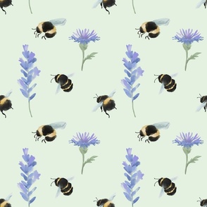 Bees and  wild purple flowers - light mint green