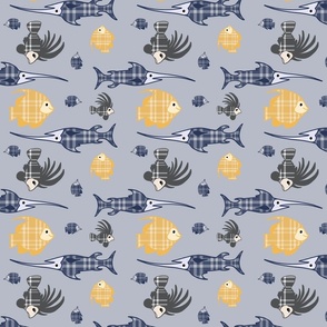 Funny fish on plaid patterns - yellow - navy blue - dark gray