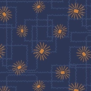 351 - Sparks and Fireworks in denim blue and mustard - 100 Pattern Project: medium scale for home decor, soft furnishings, apparel and quilting