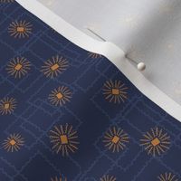 351 - Sparks and Fireworks in denim blue and mustard - 100 Pattern Project: small scale for home decor, soft furnishings, apparel and quilting