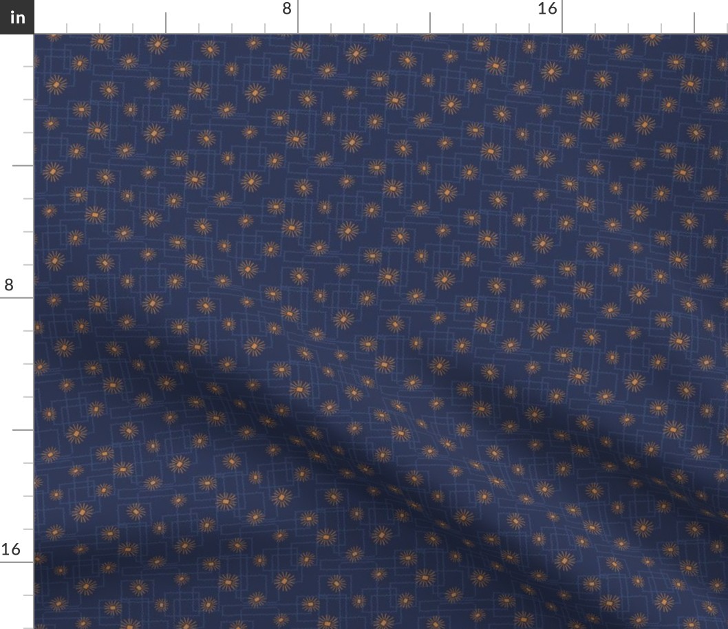 351 - Sparks and Fireworks in denim blue and mustard - 100 Pattern Project: small scale for home decor, soft furnishings, apparel and quilting