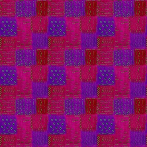 Checked blocks in raspberryand purple, handdrawn marks small 