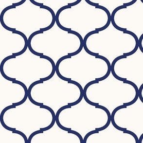 Navy Blue on White Ogee Trellis, Large Scale