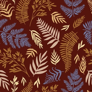 Ferns and Leaves on Red Brown