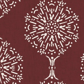 Rustic dark red and soft white brushed mandala burst - boho geometric -large