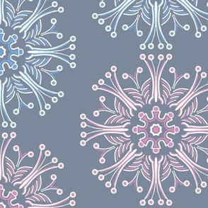 Art Deco Kaleidoscope in Sky Blue and Pink on Gray Blue