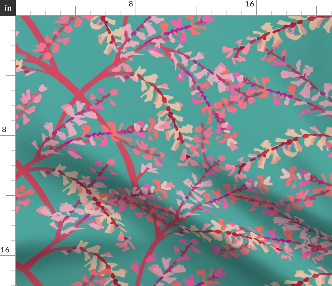 textile- Tropical Ti leaf floral-aqua half-drop