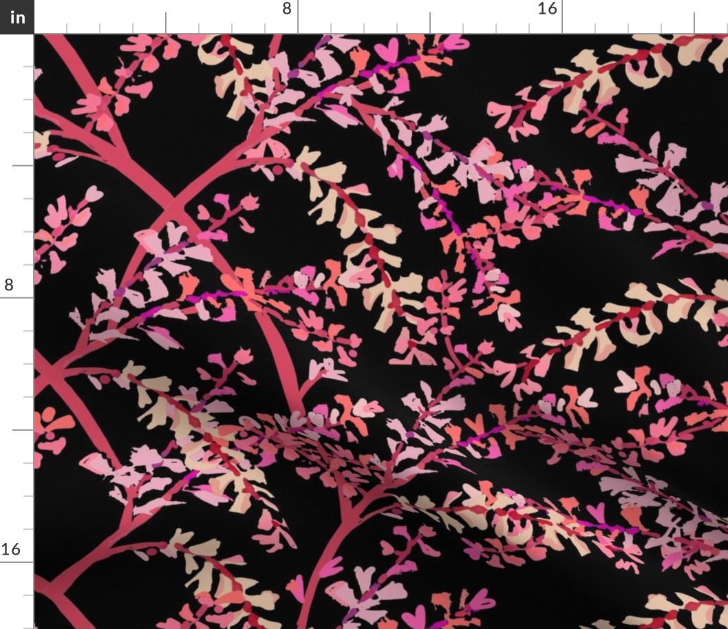 textile- Tropical Ti leaf floral-black half-drop