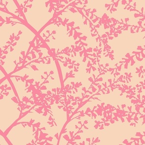 textile- Tropical Ti leaf floral-pink on beige half-drop