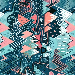 Rotated - Maximalist Mountain Maze - Pastel Pink & Aqua - Large Scale