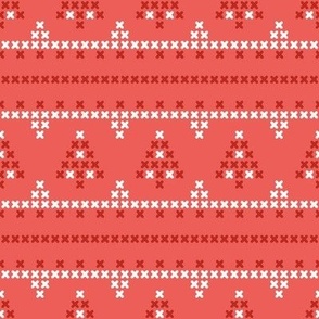 Cross stitch christmas trees on  coral red