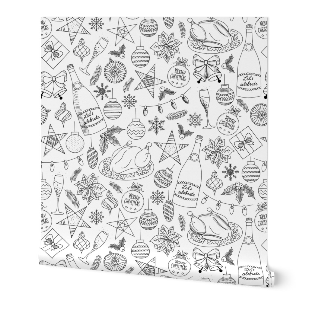 Holiday Dinner Toile Vintage Style Christmas Dinner Food Illustrations Black on White (L)