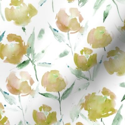 Honey yellow spring lake bloom - watercolor stylized peonies - painted florals - loose roses for modern home decor bedding nursery a566-3