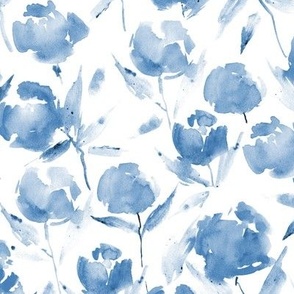 Denim blue spring lake bloom - watercolor stylized peonies - painted florals - loose roses for modern home decor bedding nursery a566-11