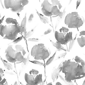 Noir spring lake bloom - grey watercolor stylized peonies - painted florals - loose roses for modern home decor bedding nursery a566-12