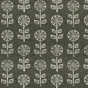 (small scale) block print floral - dark olive - LAD21