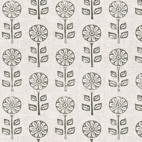 (small scale) block print floral - dark olive on natural -  LAD21