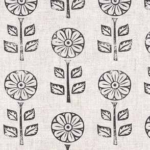 block print floral - charcoal on natural -  LAD21