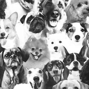 Large jumbo scale // Woof family // realistic watercolor dogs in monochromatic black and white