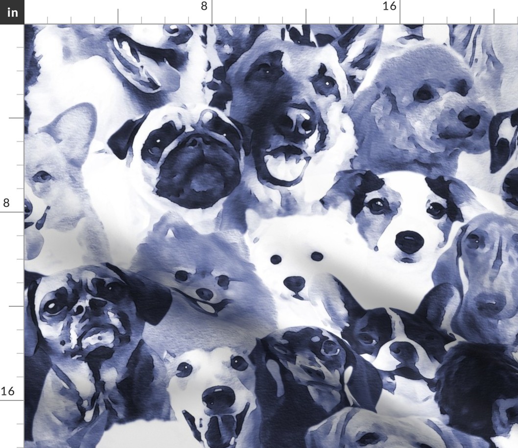 Large jumbo scale // Woof family // realistic watercolor dogs in monochromatic blue