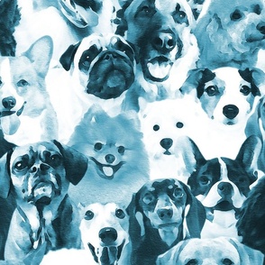 Large jumbo scale // Woof family // realistic watercolor dogs in monochromatic teal