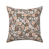 Vintage floral in forest green brown peach 70s retro