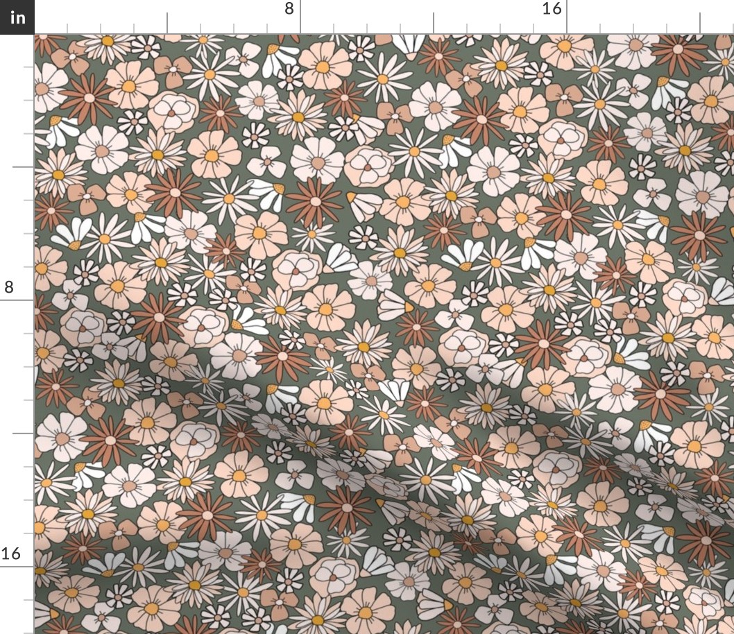 Vintage floral in forest green brown peach 70s retro