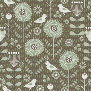 Calm Scandi Meadow / Folk Art / Floral / Birds Flowers / Sage / Large