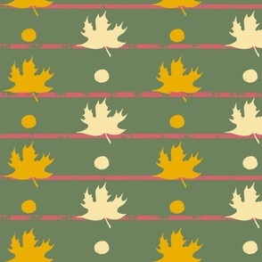 block print striped maple leaves in cream and golden yellow with red stripes on warm kelly green