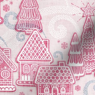 Gingerbread Village Xmas Toile Pink Medium- Christmas Gingerbread House Cookies- Pink- Mint- White- Winter Holiday
