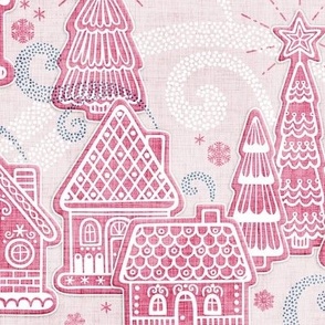 Gingerbread Village Xmas Toile Pink Medium- Christmas Gingerbread House Cookies- Pink- Mint- White- Winter Holiday