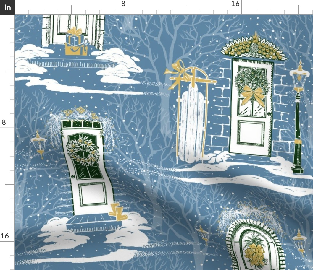 Family &  Friends Holiday Toile | Country Blue-Green-Gold-White