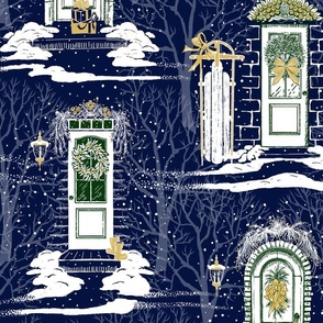 Family &  Friends Holiday Toile | Deep Blue-Green-Gold-White