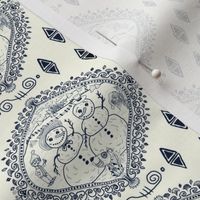 winter wintertime snowman toile, small scale, navy blue and ivory cream natural white, hand drawn, ornate