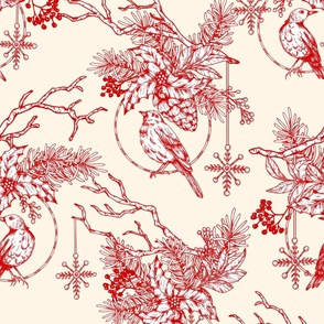 Christmas Red Toile Ornament - Beige Large Scale