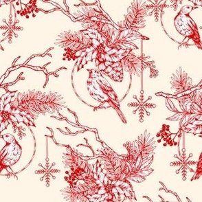 Christmas Red Toile Ornament - Beige Small Scale