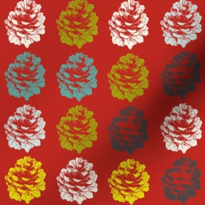 Retro Christmas Pine Cones on Poppy Red