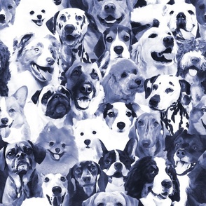 Normal scale // Woof family // realistic watercolor dogs in monochromatic blue