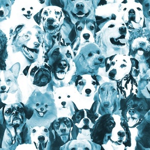 Normal scale // Woof family // realistic watercolor dogs in monochromatic teal