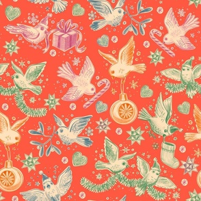 Busy Christmas Birds Toile de Jouy - Holiday Red