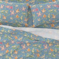 Busy Christmas Birds Toile De Jouy - Baby Blue