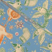 Busy Christmas Birds Toile De Jouy - Baby Blue