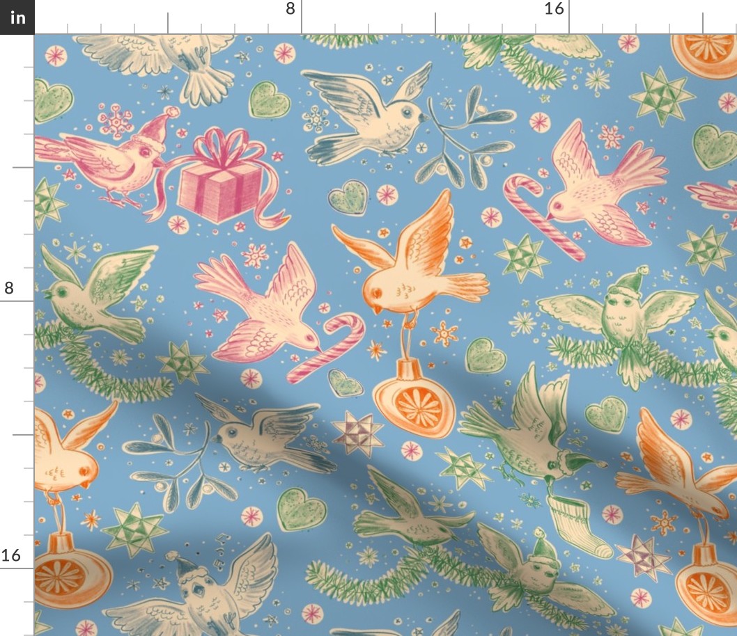 Busy Christmas Birds Toile De Jouy - Baby Blue