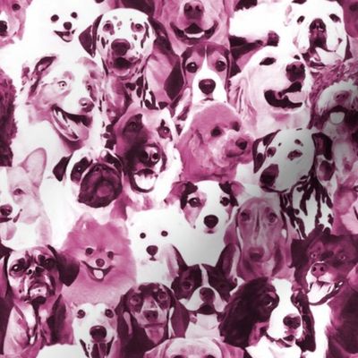 Small scale // Woof family // realistic watercolor dogs in monochromatic pink