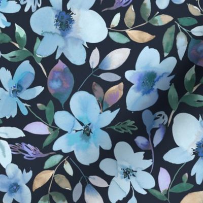 Moody Floral - Elegant watercolor floral Winter dark floral Navy Blue Medium